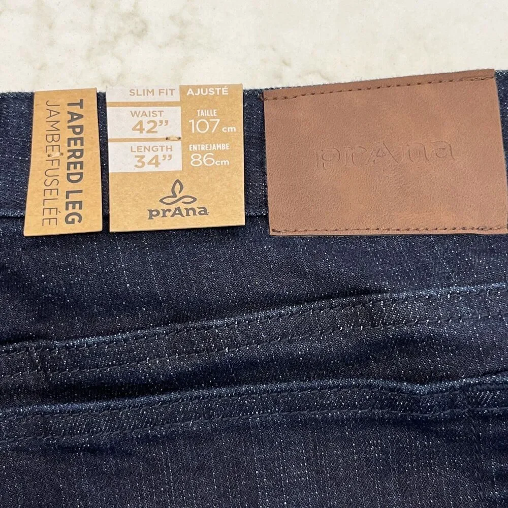 Prana Hillgard NEW Jeans Mens 42x34 Blue Dark Rinse Tapered Leg Slim Fit Organic